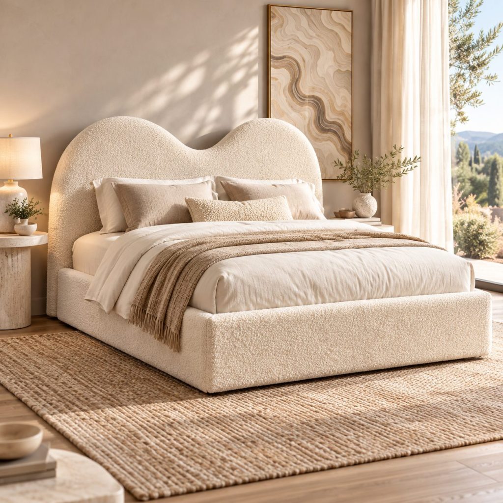 2026 Teddy-Wave Cream Bed Frame with Optional Ottoman Storage