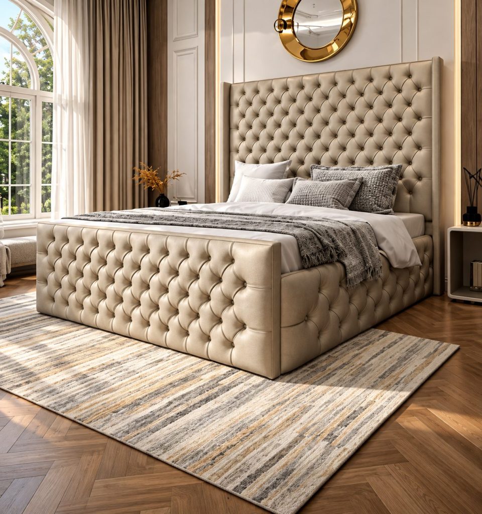 70” High Chesterfield Bed Frame Plush Velvet Upholstered Tall Headboard