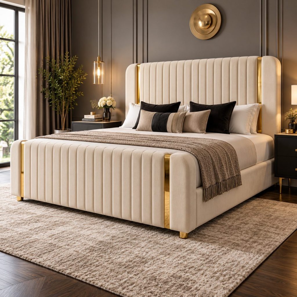 Aurielle Upholstered Bed with Gold Accents