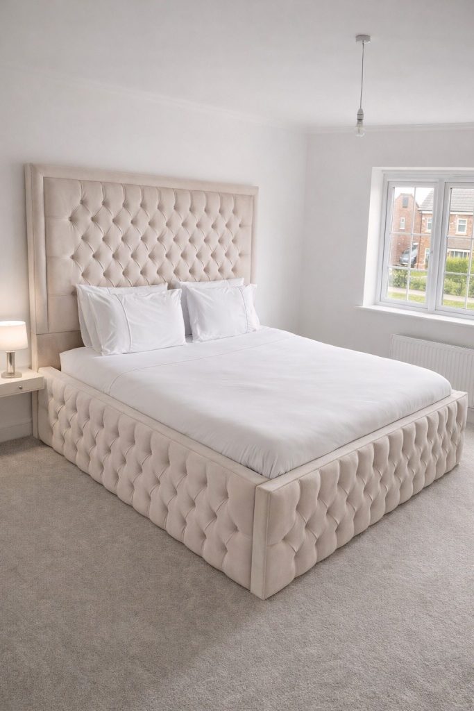 High Base Chesterfield Bed with 60 Inch High Headboard